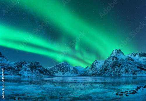 Aurora borealis over snowy mountains, frozen sea coast, reflection in water at night. Lofoten islands, Norway. Northern lights. Winter landscape with polar lights, ice in water. Starry sky with aurora © den-belitsky