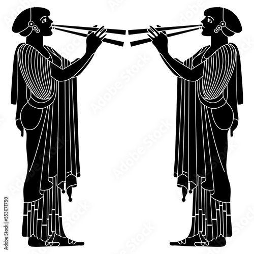 Symmetrical ethnic design with two ancient Greek women playing flutes. Vase painting style. Black and white negative silhouette.