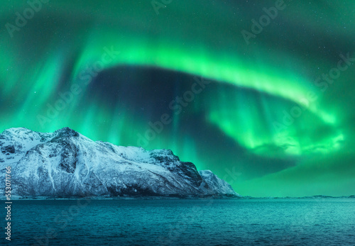 Aurora borealis over the snowy mountains, sea coast at night in Lofoten, Norway. Northern lights above snow covered rocks. Winter landscape with polar lights, fjord. Starry sky with bright aurora