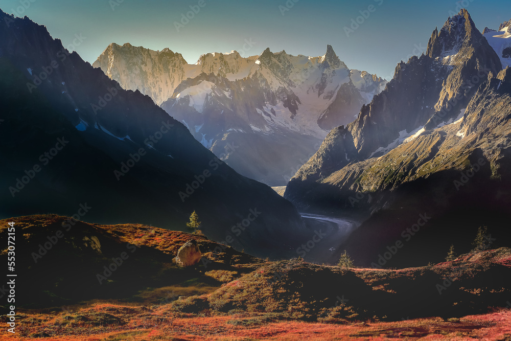 Mont Blanc massif idyllic alpine landscape countryside, Chamonix, French Alps