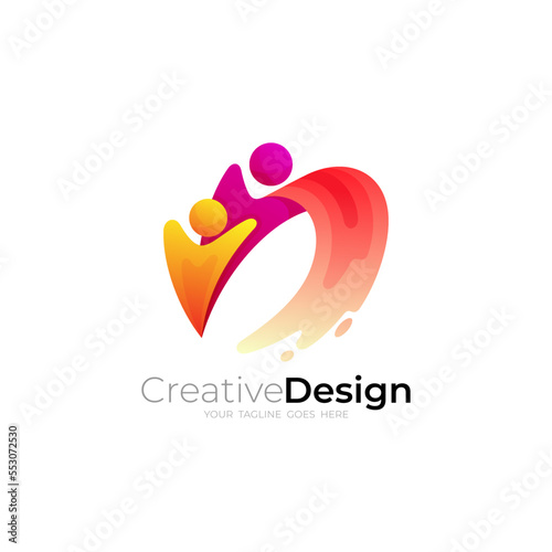 Letter D logo with People care design community, red color