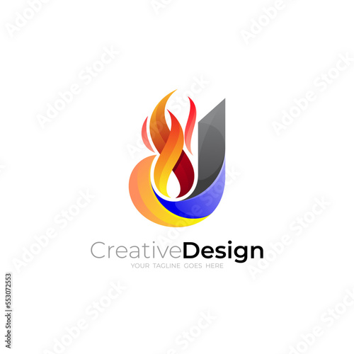 J logo, letter J logo and fire design combination, colorful style