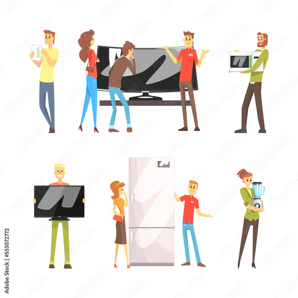 People Characters Buying Various Household Appliances and Electric Device Vector Set