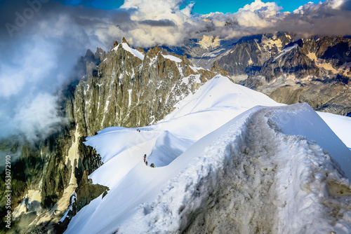 Mont Blanc massif idyllic alpine landscape at sunrise, Chamonix, French Alps photo