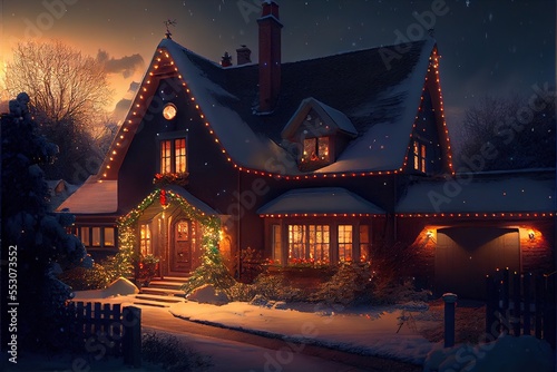Cozy Christmas House Winter Nature Landscape with Snow on Trees and Roof and Beautiful Warm Lights Shining Inside