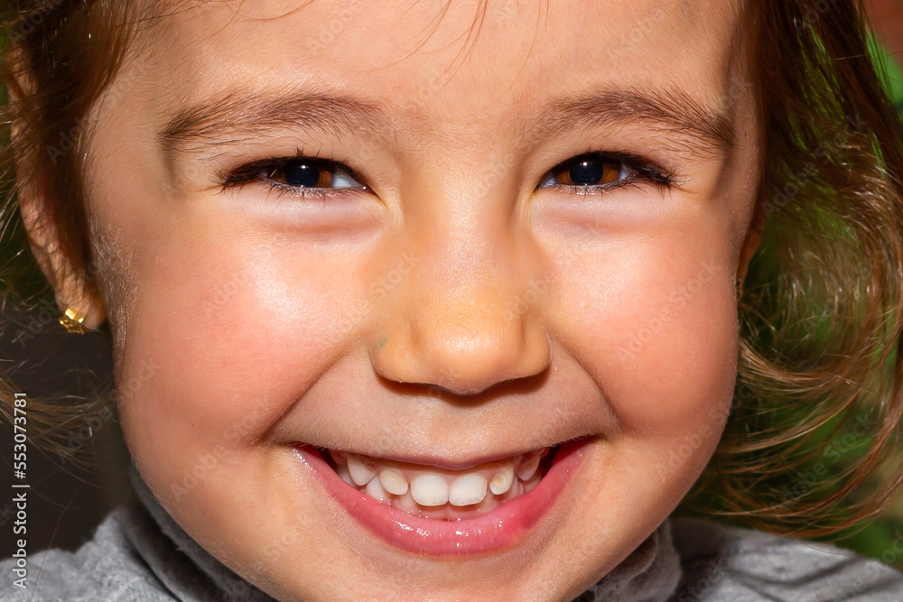 Little girl with brown hair and gray sweatshirt smiling and looking at camera. Caucasian girl smiling and happy. Portrait photo of a 3 year old girl. Little girl with brown hair and gray sweatshirt smiling and looking at camera. Caucasian girl smiling and happy. Portrait photo of a 3 year old girl.