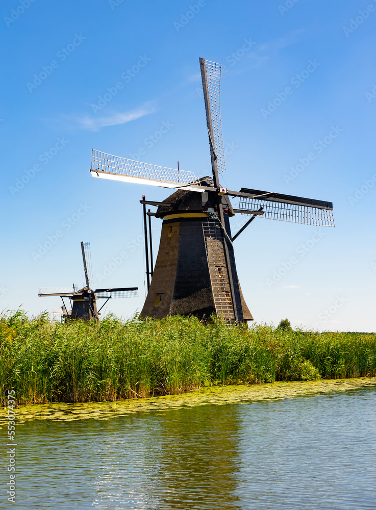 Serene landscape of windmills at Kinderdijk along riverside, province of South Holland, Netherlands.