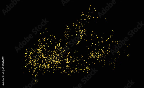 Background plume golden abstract grainy texture, crumbs isolated on black. Gold dust. Sand particles grain. Pieces abstract. plume. Jewelry, carefully placed by hand. Jewel confetti. Vector