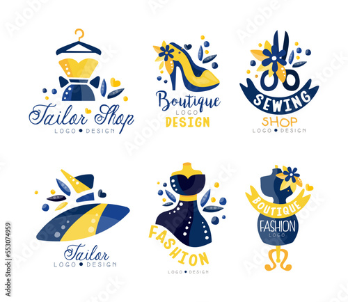 Fashion Boutique and Tailor Shop Logo Design with Mannequin and Dress Vector Set