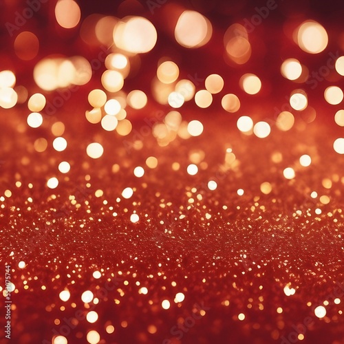 Background of abstract defocused gold glitter lights on red background with bokeh. Generative AI