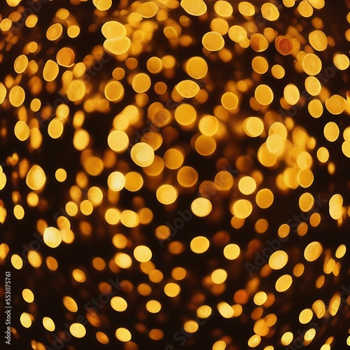 Background of abstract defocused gold glitter lights on dark background with bokeh. Generative AI