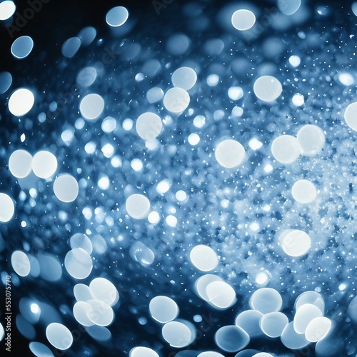Background of abstract defocused white glitter lights on blue background with bokeh. Generative AI