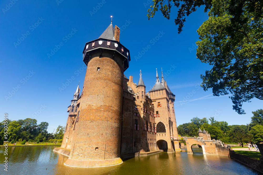 Picturesque summer landscape with a view of the ancient Castle De Haar, located near the city of Utrecht, Netherlands