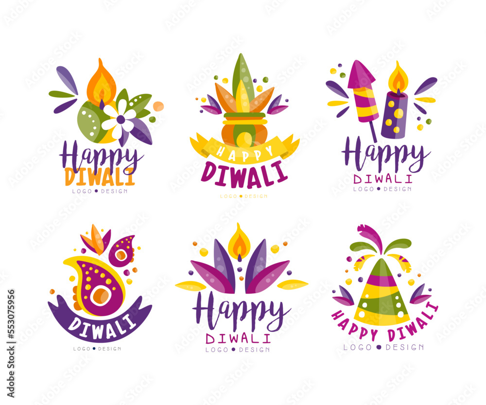 Happy Diwali Colorful Logo for Hindu Light Festival with Burning Candle and Flora Vector Set