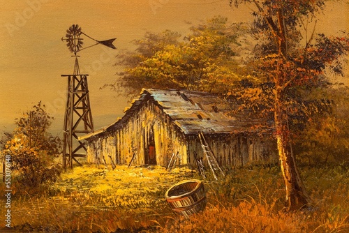 Vintage landscape oil painting detail depicting a country scene with a dilapidated barn house and windmill at sunset. American Southwest art. photo