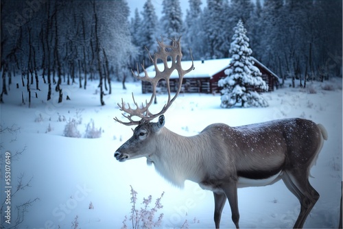 Reindeer Winter Landscape with Nature and Pine Tree, Fir and covered in Snow Scenery with House Behind