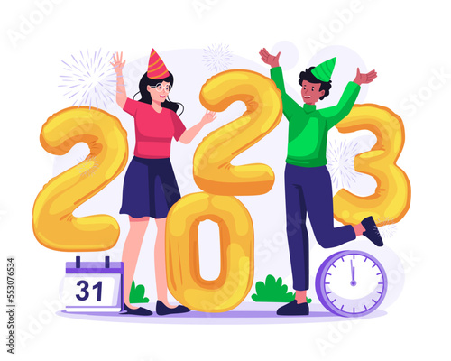 Happy People Celebrate New Year 2023. A Couple is doing a Fun Party with Balloon Numbers 2023 and Fireworks. Vector illustration in flat style