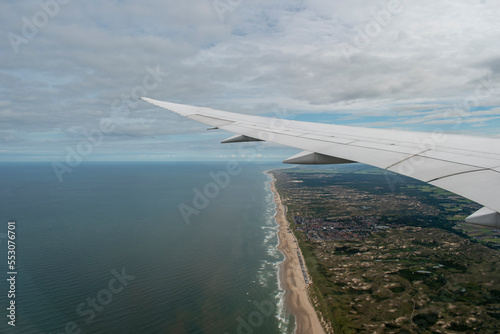 View through an airplane window.