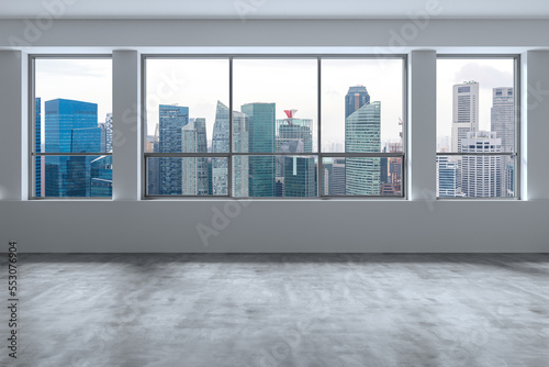 Empty room Interior Skyscrapers View. Downtown Singapore City Skyline Buildings from High Rise Window. Beautiful Expensive Real Estate overlooking. Day time. 3d rendering.