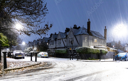 Photography Snowy night in West London suburb at Christmas time