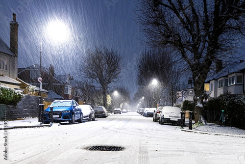 Snowy night in West London suburb at Christmas time