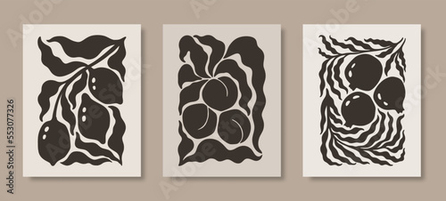 Abstract Floral Posters with Lemon, Pomegranate and Peach Fruits and Leaves. Groovy Vector Illustration