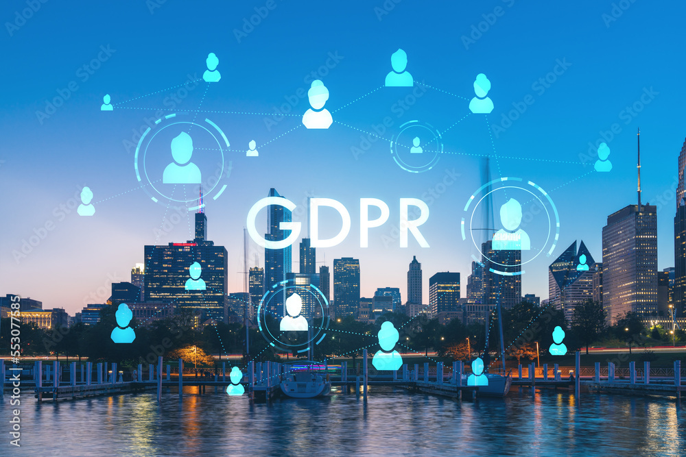 City view of Downtown skyscrapers of Chicago skyline panorama over Lake Michigan, harbor area at sunset, Illinois, USA. GDPR hologram, concept of data protection regulation and privacy for individuals