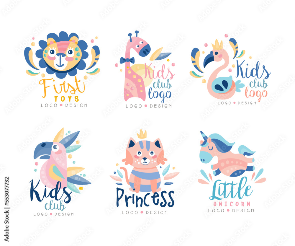 Baby Animal Club or Shop Logo Design with Cute Mammals Vector Set