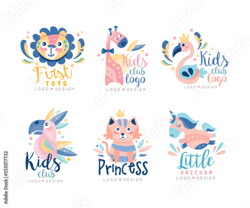 Baby Animal Club or Shop Logo Design with Cute Mammals Vector Set