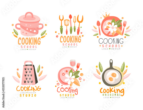 Cooking Studio Logo Design with Different Kitchen Utensils Vector Set