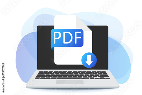 Download PDF button on laptop screen. Downloading document concept. PDF label and down arrow sign. Vector stock illustration. © CreativeEhvan