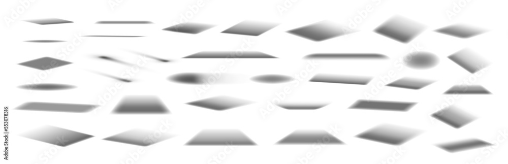 Realistic vector drop shadow from different angles, sizes and directions. Isolated eye shadow collection on white background. Overlay shadow effects. Vector set, perspective, isometric, front set.