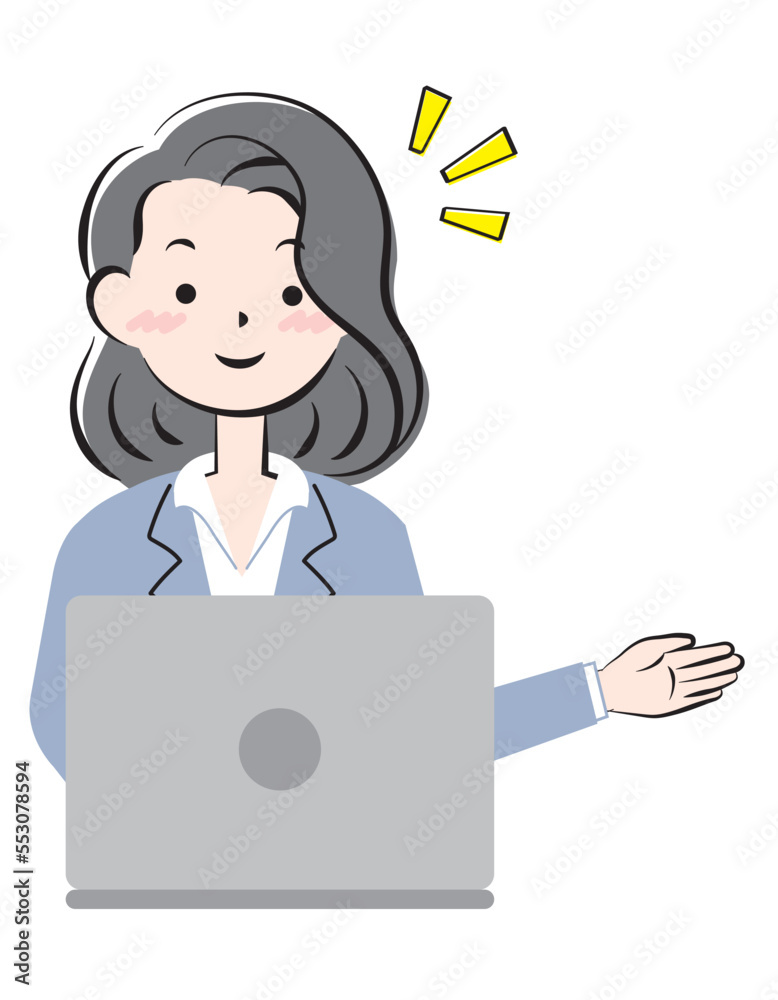 パソコン操作で案内するスーツ姿の若い女性