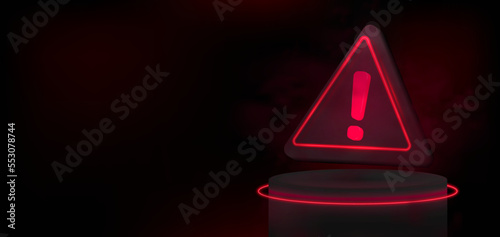 Dark banner with 3D red triangle warning sign. The concept of warning, security, attention, informing. 3D Realistic sign attention in red neon color on stage with glow, light, smoke effect. Vector