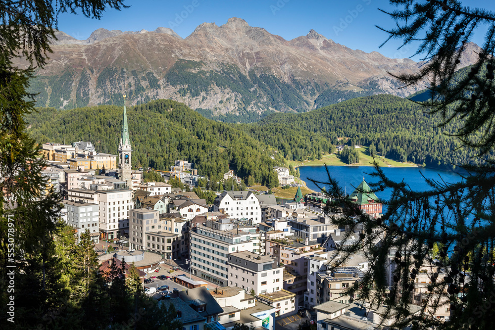 Sailing on St Moritz lake, view above Engadine, Graubunden, Switzerland