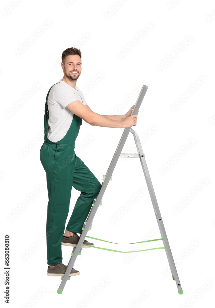 Worker in uniform climbing up metal ladder on white background Worker in uniform climbing up metal ladder on white background