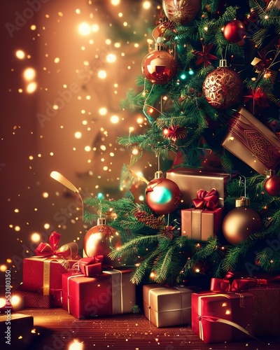Colorful Christmas background, Christmas balls, garlands, Christmas tree, blurred background, bokeh