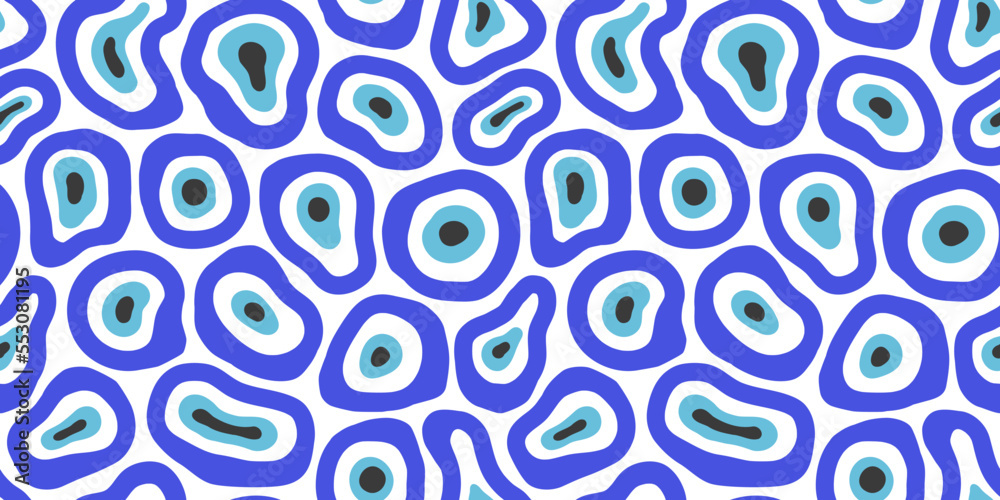 Evil eye drawing seamless pattern illustration in trendy psychedelic style. Traditional protection amulet background, melting blue eyes print design. - obrazy, fototapety, plakaty 