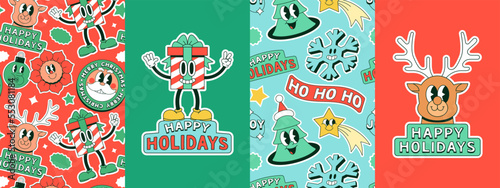 Set of funny vintage christmas cartoon greeting card and pattern background. Retro sticker patch illustration collection for xmas party celebration. Festive holiday season graphic bundle.