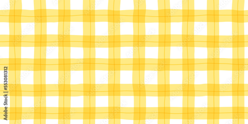 Yellow geometric grid line seamless pattern. Retro table cloth plaid style background. Traditional gingham tartan fabric texture illustration.