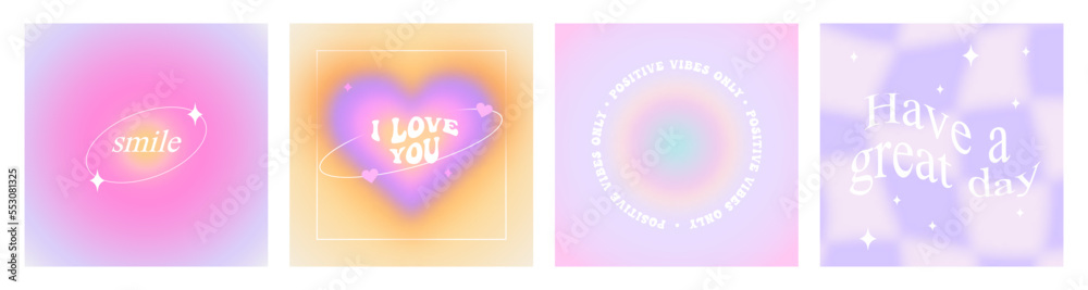 Set of trendy blur gradient illustration with positive happy quote and motivational love text. Vintage y2k pastel color banner collection for social media post. Minimalist blurred abstract poster. Set of trendy blur gradient illustration with positive happy quote and motivational love text. Vintage y2k pastel color banner collection for social media post. Minimalist blurred abstract poster.