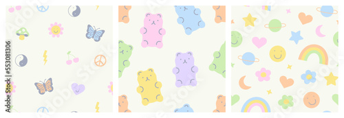 Set of retro seamless pattern illustration in trendy 90s art style. Soft pastel color background print collection with cute vintage sticker decoration and happy upbeat cartoon symbols.