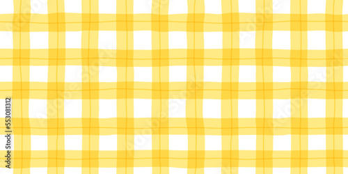 Yellow geometric grid line seamless pattern. Retro table cloth plaid style background. Traditional gingham tartan fabric texture illustration. photo