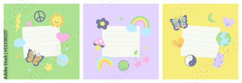 Fototapeta Naklejka Na Ścianę i Meble -  Set of retro sticker in trendy 90s art style with empty white paper frame. Soft pastel color template collection with cute vintage decoration. Includes rainbow, butterfly, flower and love heart.