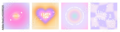 Set of trendy blur gradient illustration with positive happy quote and motivational love text. Vintage y2k pastel color banner collection for social media post. Minimalist blurred abstract poster.