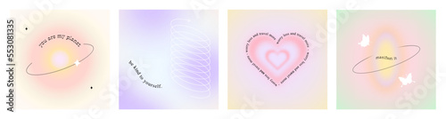 Set of trendy blur gradient illustration with positive happy quote and motivational love text. Vintage y2k pastel color banner collection for social media post. Minimalist blurred abstract poster.