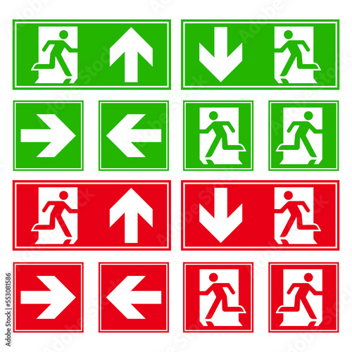emergency exit sign escape point evacuation set bundle man running on the door exited danger collection