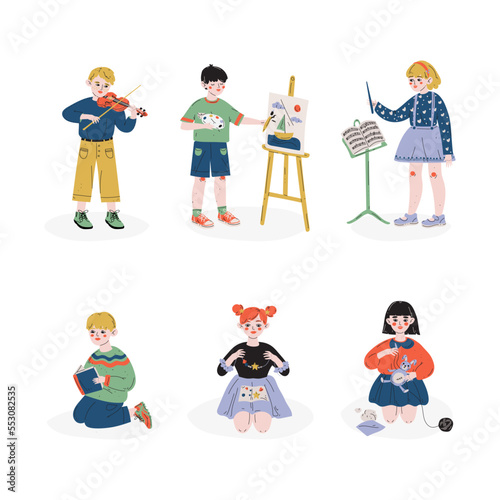 Creative and Artistic Kids Having Various Hobby and Activity Vector Set