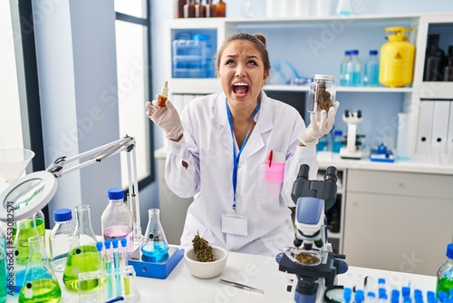 Young hispanic woman doing weed oil extraction at laboratory angry and mad screaming frustrated and furious, shouting with anger looking up.
