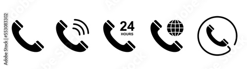 Telephone icon set. Various five types of monochrome icons.